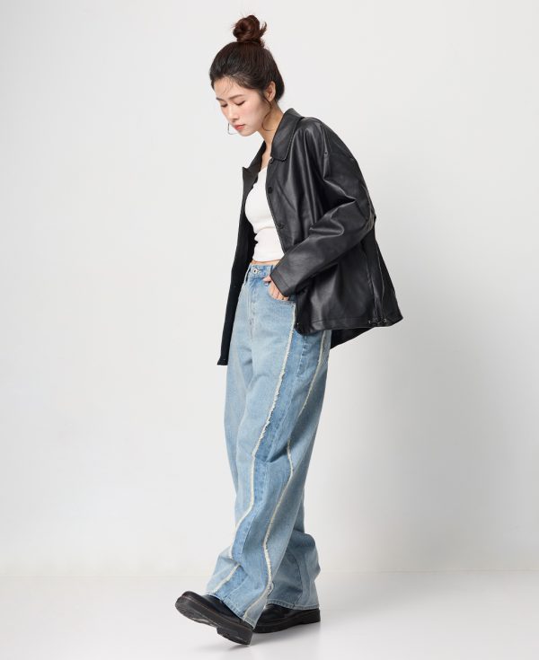 皮革抽繩長袖襯衫 女